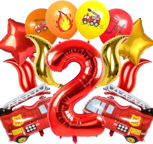 Feuerwehrauto 2 Geburtstag Luftballon, 21 Stück Kindergeburtstag Feuerwehrauto Deko, Feuerwehrauto Folienballon Feuerwehr Geburtstag Deko 2 Jahre, Luftballons Feuerwehr für Kinder Geburtstag Deko von WEINIBAO