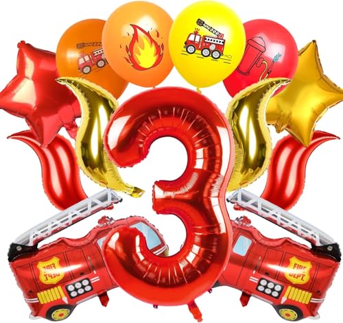 Feuerwehrauto 3 Geburtstag Luftballon, 21 Stück Kindergeburtstag Feuerwehrauto Deko, Feuerwehrauto Folienballon Feuerwehr Geburtstag Deko 3 Jahre, Luftballons Feuerwehr für Kinder Geburtstag Deko von WEINIBAO