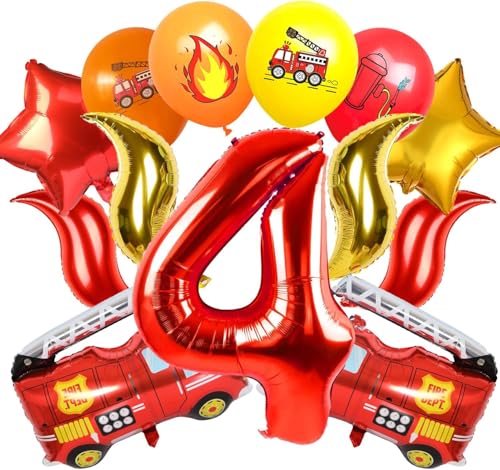 Feuerwehrauto 4 Geburtstag Luftballon, 21 Stück Kindergeburtstag Feuerwehrauto Deko, Feuerwehrauto Folienballon Feuerwehr Geburtstag Deko 4 Jahre, Luftballons Feuerwehr für Kinder Geburtstag Deko von WEINIBAO