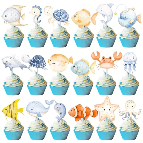 Meerestiere Cupcake Toppers Dekoration, 36 Stück Geburtstag Tortendeko Unterwasserwelt, Meerestiere Deko für Torte, Meerestiere Cake Topper, Kuchen Topper für Geburtstag Taufe Baby Shower von WEINIBAO