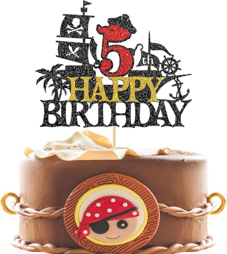 Piraten Tortendeko 5 Jahre, Happy Birthday Tortendeko 5 Jahre Pirate Tortenstecker, Tortendeko Kindergeburtstag 5 Jahre, Piraten Kuchen Deko, Kuchen Topper Geburtstag für Halloween Piraten Party von WEINIBAO