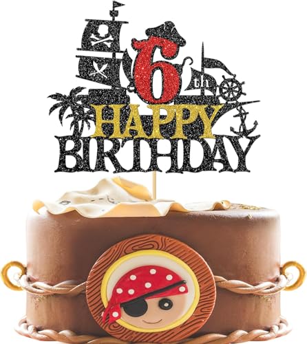 Piraten Tortendeko 6 Jahre, Happy Birthday Tortendeko 6 Jahre Pirate Tortenstecker, Tortendeko Kindergeburtstag 6 Jahre, Piraten Kuchen Deko, Kuchen Topper Geburtstag für Halloween Piraten Party von WEINIBAO