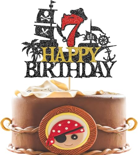 Piraten Tortendeko 7 Jahre, Happy Birthday Tortendeko 7 Jahre Pirate Tortenstecker, Tortendeko Kindergeburtstag 7 Jahre, Piraten Kuchen Deko, Kuchen Topper Geburtstag für Halloween Piraten Party von WEINIBAO