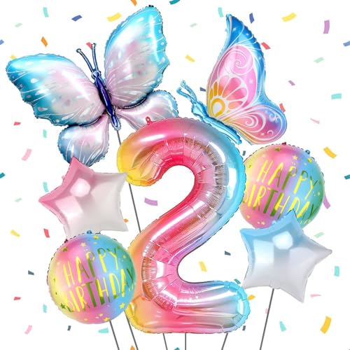 Schmetterling Folienballon 2 Jahre, Schmetterling Luftballons Geburtstag 2 Jahre, Luftballon 2 Geburtstag Mädchen, Helium Ballons Geburtstag, Happy Birthday Ballon für Mädchen Geburtstag Deko von WEINIBAO