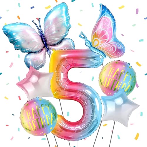 Schmetterling Folienballon 5 Jahre, Schmetterling Luftballons Geburtstag 2 Jahre, Luftballon 2 Geburtstag Mädchen, Helium Ballons Geburtstag, Happy Birthday Ballon für Mädchen Geburtstag Deko von WEINIBAO