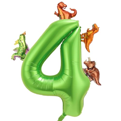 Dinosaurier Ballon Set, 40 Zoll große Aluminium Folie Zahl Ballon mit 4 Arten niedlich Dinosaurier Ballon grün Dinosaurier Ballons für Geburtstagsparty, Jahrestag Thema Party-Dekoration (Nummer 4) von WEIPUER