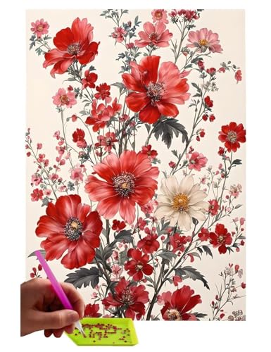 5D DIY Diamant Painting Erwachsene, Blumen Rot Diamant Malerei Full Kits Bilder Dekoration, 5D Diamant Painting Bilder Mit Diamond Painting Zubehör, für Kinder, Haus, Büro Dekoration 70x90cm C-245 von WEISHIWE