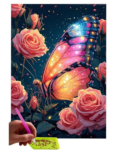 5D DIY Diamant Painting Erwachsene, Butterfly Rose Diamant Malerei Full Kits Bilder Dekoration, 5D Diamant Painting Bilder Mit Diamond Painting Zubehör, für Kinder, Haus, Büro Dekoration 70x90cm C-205 von WEISHIWE