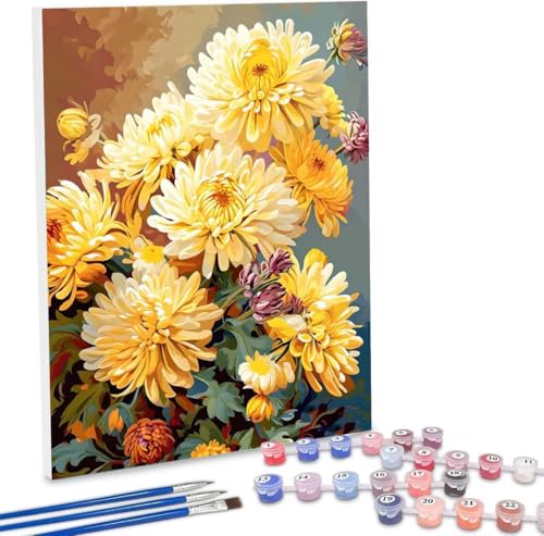 Malen Nach Zahlen Erwachsene, DIY Malen Nach Zahlen Handgemalt Ölgemälde Kit für Anfänger und Erwachsene, Chrysantheme Malerei Bastelset, Wohnwanddekor Mit Acrylfarben und Pinseln 20x30cm F-340 von WEISHIWE