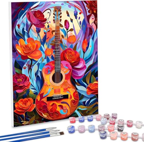 Malen Nach Zahlen Erwachsene, DIY Malen Nach Zahlen Handgemalt Ölgemälde Kit für Anfänger und Erwachsene, Gitarre Blumen Malerei Bastelset, Wohnwanddekor Mit Acrylfarben und Pinseln 20x30cm F-321 von WEISHIWE