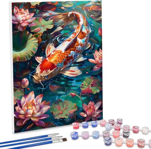 Malen Nach Zahlen Koi Lotus,40x50cm DIY Malen Nach Zahlen Erwachsene, DIY Kreativ Set für Erwachsene Handgemalt Ölgemälde Kits auf Leinwand Geschenk, Acryl-Malen Nach Zahlen für Wanddeko s-335 von WEISHIWE