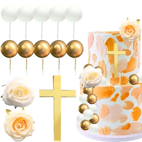 cake topper kreuz gold, 13pcs torten topper kommunion, cake topper blumen rosa, kuchen topper kugeln, cake topper taufe, Geeignet für Christentum, Heilige Kommunion, Taufe, Babyparty von WEITAPYT