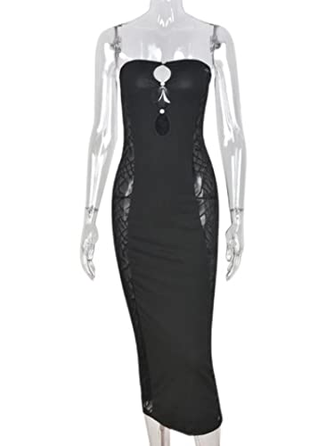 WEITING Sexy aushöhlen langes Kleid aus Netzstoff für Damen, Sommer, trägerlos, rückenfrei, ärmellos, figurbetont, Elegantes schwarzes Maxikleid-Outfit, Schwarz, M von WEITING