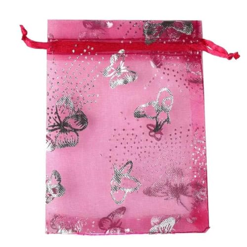 Organza-Säcke Gunst-Säcke, 50 Stück 7 x 9 cm Organzabeutel, silberfarben, Schmetterlingsdruck, for Schmuck, Hochzeit, Party, ausziehbare Verpackung, Display und Geschenkbeutel(10fuchsia Butterfly,13x1 von WEITINGKKK