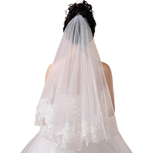 WEITINGKKK Hochzeit Brautschleier, Hochzeit Frauen Braut Kurze Weiß Eine Schicht Spitze Blume Rand(Ivory) von WEITINGKKK