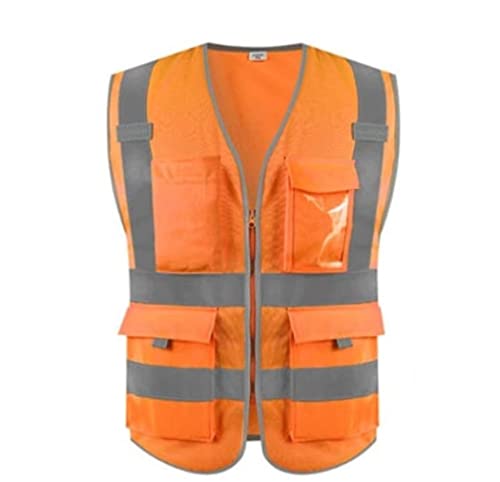 Warnwesten für Männer und Frauen, Reflektoranzug, Strickstoff, atmungsaktive Sicherheits-Reflektorweste mit Taschenreißverschluss, gut sichtbare Lichtstreifen-Konstruktionsweste(Orange,Large) von WEITINGKKK