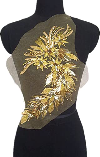 Spitzenapplikationen, Stickereiapplikationen, Nähen von Bekleidungszubehör, 1 Paar Stickereien, Pailletten, Spitzenapplikationen, Nähen, Blume, Stoff, Kragen, Netzkleid, DIY-Handwerk (Color : Gold) ( von WEKIVA