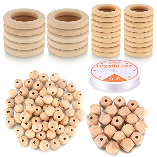 110 Stk Makramee Holzperlen und Ringe Set, einschließlich 30 Stk 35mm/50mm Holzringe Holzkreise zum Basteln, 60 Stk Holzkugeln mit Loch, 20 Stk achteckige Holzperlen, 1 x 0,6 mm elastischer Faden von WELHAEPI