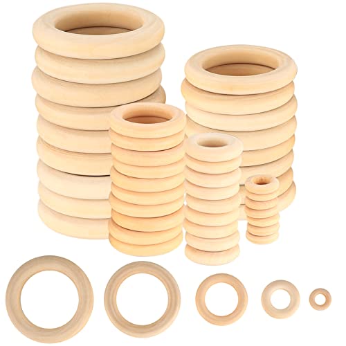 WELHAEPI 90 Stück Holzringe zum Basteln, Holz Ringe Natur, für DIY Handwerk Ring Anhänger Anschlussstück Schmuck Machen Spielzeug Serviettenringe, Holzkranz, Bastelring - 15mm, 25mm, 35mm, 45mm, 55mm von WELHAEPI