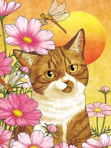 WELIWE Vorgedruckt Kreuzstich kit für Erwachsene 11CT Stickerei Set DIY Starter Stickbild Handwerk Heimdekoration Blume orange Katze 40×50 cm von WELIWE