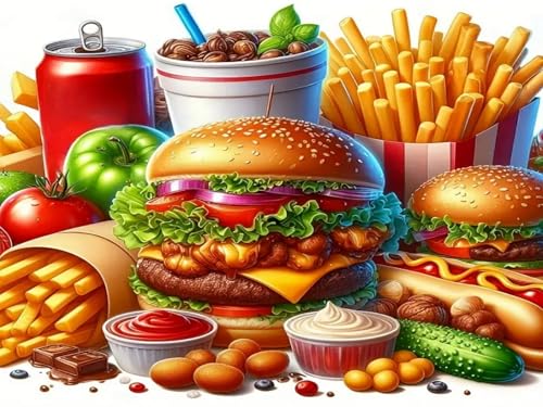 WELIWE Vorgedruckt Kreuzstich kit für Erwachsene 11CT Stickerei Set DIY Starter Stickbild Handwerk Heimdekoration Hamburger und Pommes Frites 40×50 cm von WELIWE