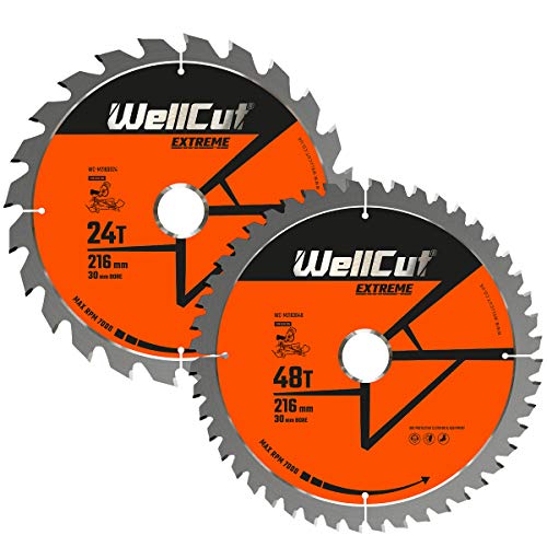 WellCut® TCT Extreme Gehrungssägetisch, Sägeblatt 216mm x 30mm Bohrung, 24Z & 48Z Holzsägeblatt, Geeignet für LS0815, DWS777, KGS216 von WELLCUT