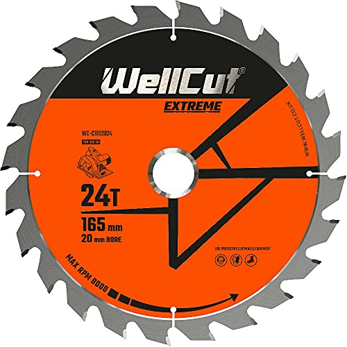 WellCut TCT Sägeblatt Extreme, Durchmesser 165 mm, 24 Zähne, 20 mm Bohrung, 1,5mm Stammblattstärke, korrosionsgeschützt (?WC-C1652024) von WELLCUT