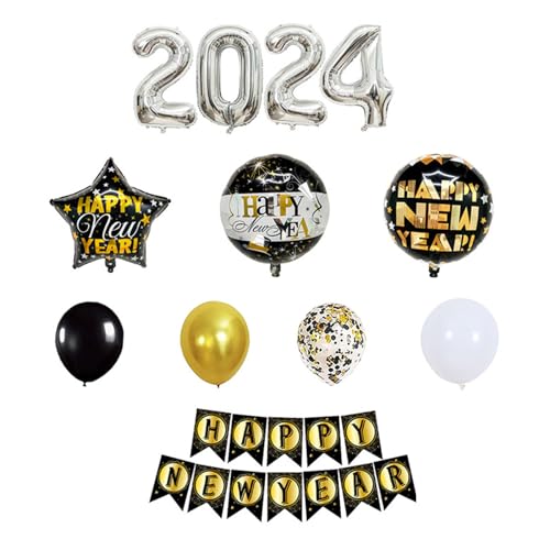 2024 Neujahr Party Dekoration Set Happy New Year Ballon Zubehör Foto Requisiten mit Banner Zahlenballon Happy New Year Decor von WELLDOER