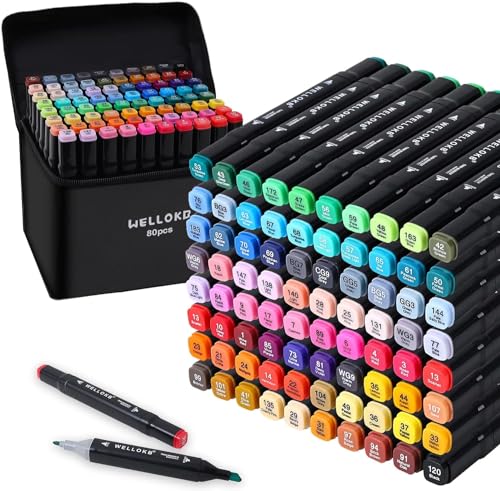 WELLOKB Alkohol Marker, 80 Farben Dual Tip Marker Set, Permanent Marker Stifte Set, Buntstifte zum Malen, Skizzieren, Anime Malbücher, Filzstifte für Kinder und Erwachsene, inkl. Tragetasche von WELLOKB