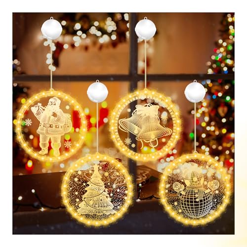 WELLTE 4er-Pack Weihnachten Dekorative Fenster Licht Warmweiß, 3D Weihnachtsdeko Innen mit 4 Haken Selbstklebend, Hängende LED Lichterkette, Batteriebetrieben, für Weihnachtsdeko, Party, Balkon von WELLTE