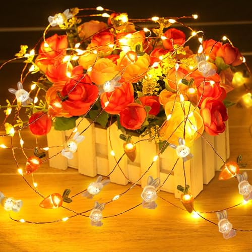 Lichterkette Ostern, 20 LED Hase Karotte, LED Osterdeko Lichterkette, Hasen Lichterkette Ostern, LED Ostern Lichterkette, Hase und Karotte LED Lichterkette für Innen Außen DIY Osterparty von WELLXUNK