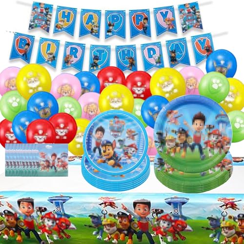 Paw dog Partygeschirr Set, Paw Dog Geburtstag Deko, Paw dog Party Tableware Supplies, Kindergeburtstag Party Geschirr Kit, Patrol Dog Luftballons Pappteller Servietten Tischdecke, für 10 Personen von WELLXUNK