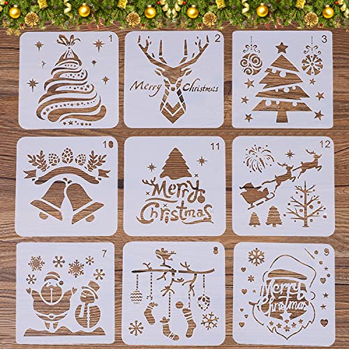 Schablonen Weihnachten, 9 Stück Kunststoff Weihnachts Schablonen, Stencil Schablonen Wiederverwendbar, Schablonen Set Malen, für Scrapbooking Fotoalbum, DIY Geschenkkarten, Geschenke Weihnachten von WELLXUNK