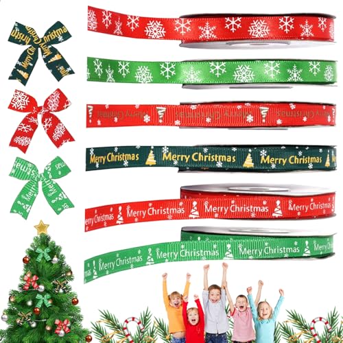 WELLXUNK® Weihnachten Ripsband, 6 Rollen Weihnachten Dekobänder, Geschenk Schleifenband, Polyester Geschenkband, Schneeflocke Elch Bänder, für Frohe Weihnachten, Feiertags Geschenk Dekoration von WELLXUNK