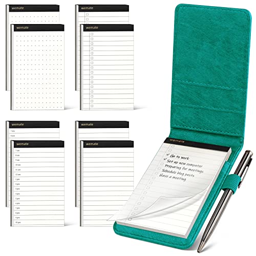 WEMATE Notizblockhalter aus PU-Leder – Mini-Notizblöcke mit 8 Minen und Metall-Kugelschreiber für Meetings, tägliche Aufzeichnungen und Notizen Grün von WEMATE