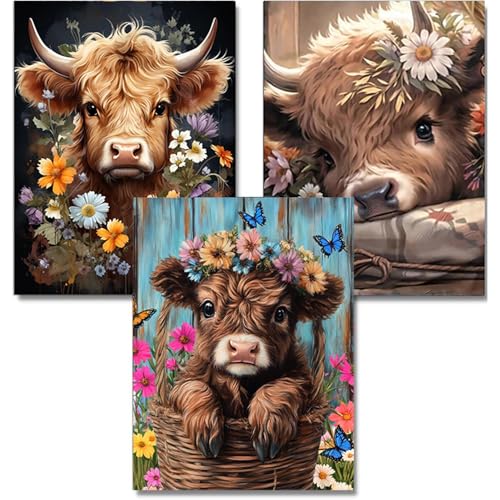 WEMEON 3er Diamond Painting Set Erwachsene, 5D Diamond Painting Tiere, Kuh Diamant Painting for Mosaik Bastelset Erwachsene, 30x40cm von WEMEON