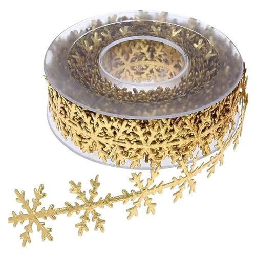 WENH 10 m/Rolle, weihnachtliches Schneeflockenband, 2,5 cm, Schneeflocken-Spitzenstoffbesatz, glitzerndes silbernes Schneeflocken-Geschenkband for DIY-Weihnachten(Gold) von WENH