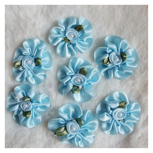 WENH 100 STÜCKE 3 cm Satinband Künstliche Seide Perle Rose Blume 3D Stoff Handgemachte Applikationen Nähen Hochzeit Handwerk Dekoration(Blue) von WENH