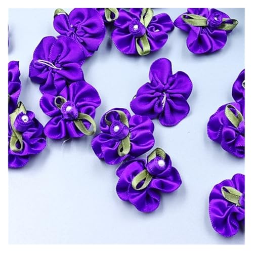 WENH 100 STÜCKE 3 cm Satinband Künstliche Seide Perle Rose Blume 3D Stoff Handgemachte Applikationen Nähen Hochzeit Handwerk Dekoration(Dark Purple) von WENH