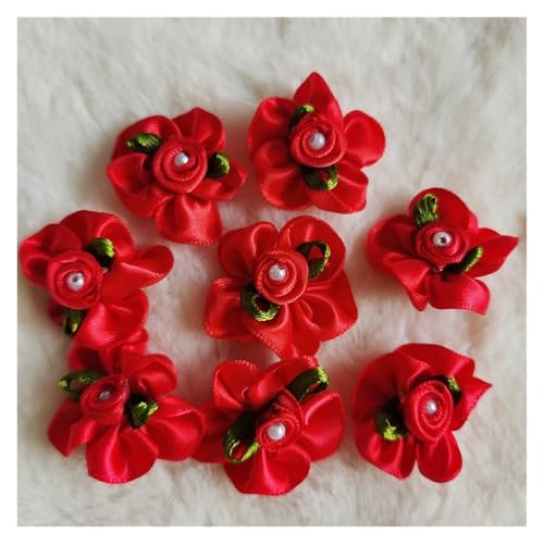 WENH 100 STÜCKE 3 cm Satinband Künstliche Seide Perle Rose Blume 3D Stoff Handgemachte Applikationen Nähen Hochzeit Handwerk Dekoration(Red) von WENH