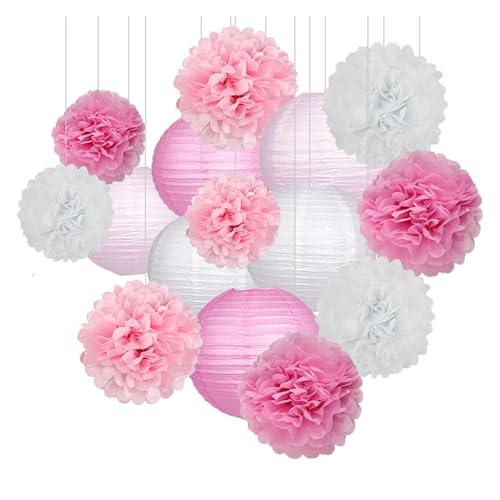 WENH 15 Stücke 1. Geburtstag Party Rosa Weiß Set Runde Papierkugel Laterne Falten Taufe Hochzeit Dekor Waben Pompon(2) von WENH