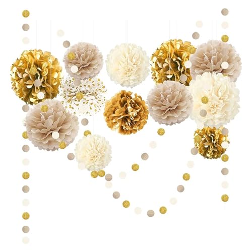 WENH 15 Stücke Gold Champagner Beige Papier Pompoms Geburtstag Party Dekorationen Dot Girlanden Hängen Hintergrund for Neue Jahr Weihnachten Dekor von WENH