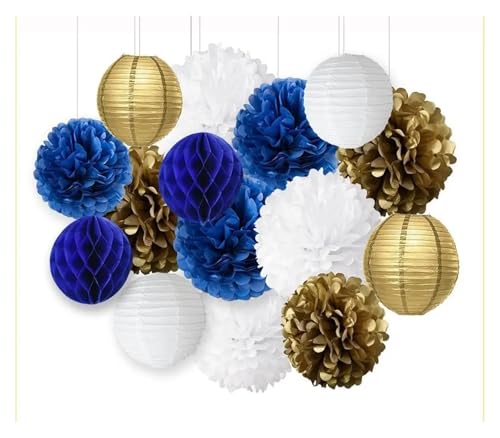 WENH 15 teile/satz Navy Blau Weiß Gold Party Papier Blume Seidenpapier Pom Poms Papier Laterne Ball for Baby Dusche Offenbaren dekorationen von WENH