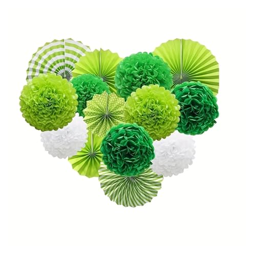 WENH 15er-Pack grünes Papier-Pompom-Set mit Papierfächern for Geburtstag, Hochzeit, Abschlussfeier von WENH