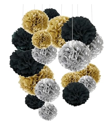 WENH 18 Stück Hochzeit Deko Papier Pompom Pom Poms Blumenball Party Home Decor Seidenpapier Babyparty Geburtstag Weihnachten DIY Dekoration(Black) von WENH