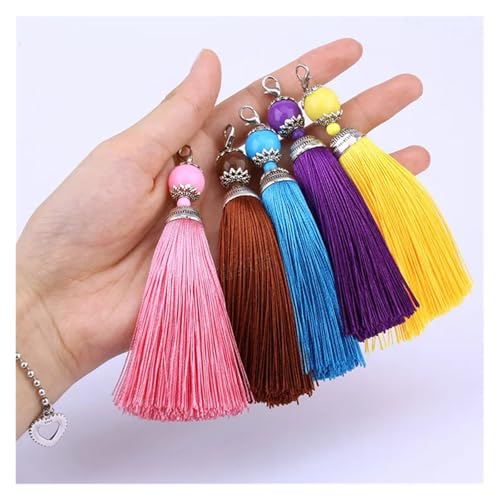 WENH 5 Stücke Glatte Seide Karabinerverschluss Quaste Fransen Anhänger DIY Handwerk Quasten Besatz Kleidungsstücke Vorhänge Dekor Ohrringe Schmuck Komponenten(Mix-Color Tassels) von WENH