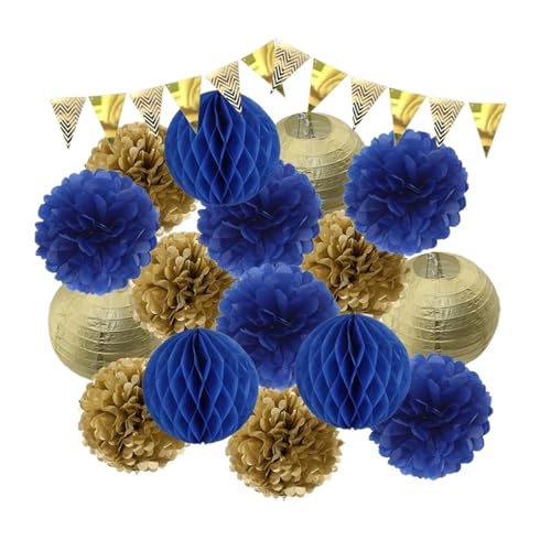 WENH Gold Beige Set Runde Papierlaterne Banner Wabenball for 1. Geburtstag DIY Dekor Brautparty Hochzeitsfeier(Gold Dark Blue) von WENH