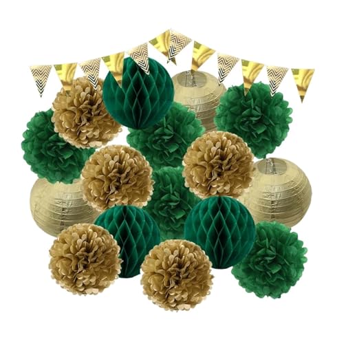 WENH Gold Beige Set Runde Papierlaterne Banner Wabenball for 1. Geburtstag DIY Dekor Brautparty Hochzeitsfeier(Gold Green Set) von WENH