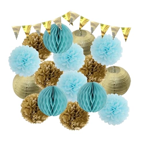 WENH Gold Beige Set Runde Papierlaterne Banner Wabenball for 1. Geburtstag DIY Dekor Brautparty Hochzeitsfeier(Gold Light Blue) von WENH