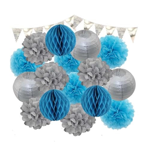 WENH Gold Beige Set Runde Papierlaterne Banner Wabenball for 1. Geburtstag DIY Dekor Brautparty Hochzeitsfeier(Silver Blue Set) von WENH